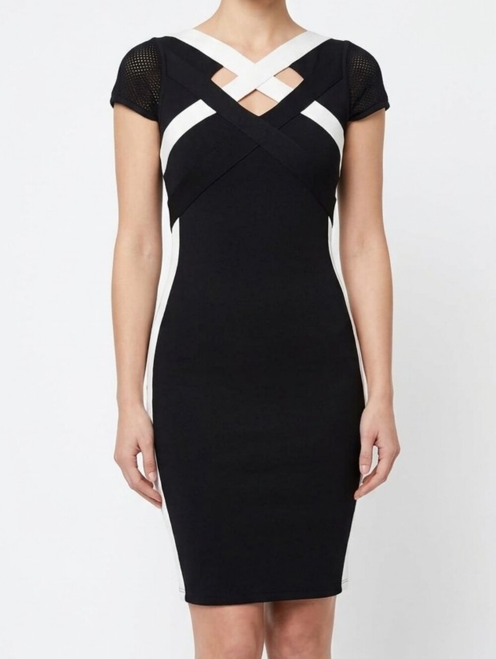 Vtg Morgan de Toi Nior Black White Cross Bandage Bodycon Cap Sleeve Mini Dress M
